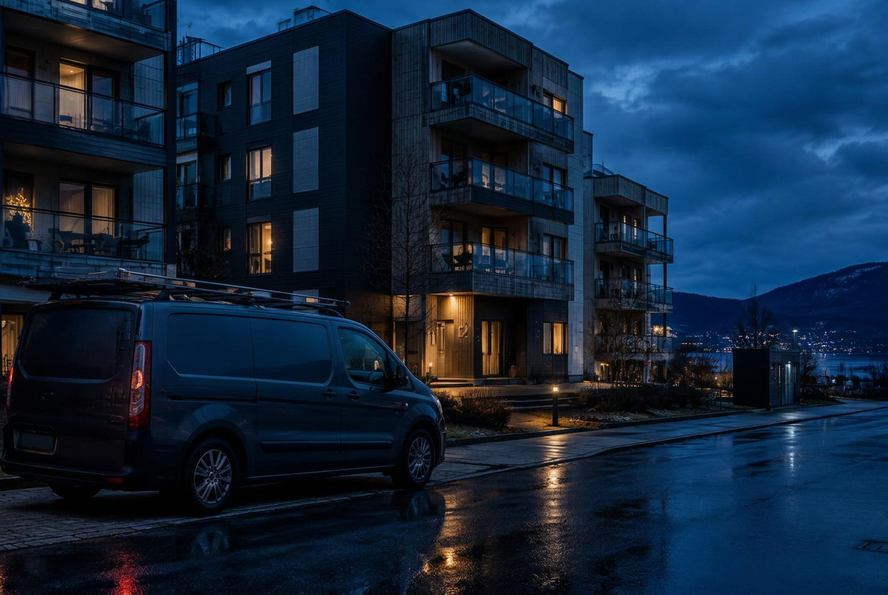 Moderne boligbygg i skumringen